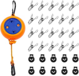 Camping Waslijn 8 Meter Verstelbaar Reizen Wasserij Touw Heavy Duty Waslijn met 20 Wasknijpers en 10/10 Vaste Gespen voor Indoor Outdoor Camping Courtyard Travel Hotel — thumbnail 1