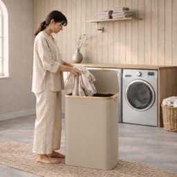 ACAZA Wasmand Met Deksel - 2 Vakken - 130 L - Bamboe - 52 x 38,5 x 70,5 cm - Zand — thumbnail 5