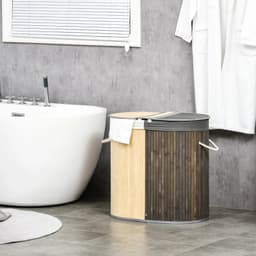 Wasmand - 100 liter - Deksel met handvat - 2 secties - Verwijderbare waszak - Voor de slaapkamer - Bamboe - Grijs en naturel — thumbnail 4