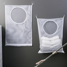 2-delige draagbare waszak, hangende wasmandzak, mesh waszak, 29 x 19 inch grote opvouwbare muurhangende wasmand met 4 zelfklevende haken voor vuile kleding, organisatie en opslag — thumbnail 3