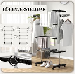 Droogtoren – 5 Etages Met Wielen – 142 x 55 x 172 cm – Roestvrij Staal – Zwart en Zilver – Inklapbaar — thumbnail 2