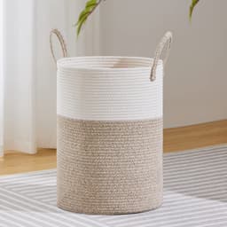 Decoratieve Gevlochten Katoenen Touwmand - 50L Hoge Wasmand, Dekenmand voor de Woonkamer, Opbergmand voor Speelgoed, Handdoeken, Plaids en Kussens - 38x52 cm — thumbnail 3
