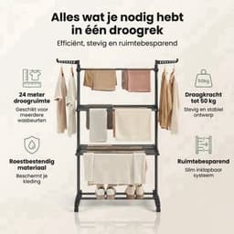 Droogrek Staand - Inklapbaar Wasrek met Wielen - Droogtoren 4 Lagen - 24 Meter Drooglengte - 50 kg Draagvermogen — thumbnail 5