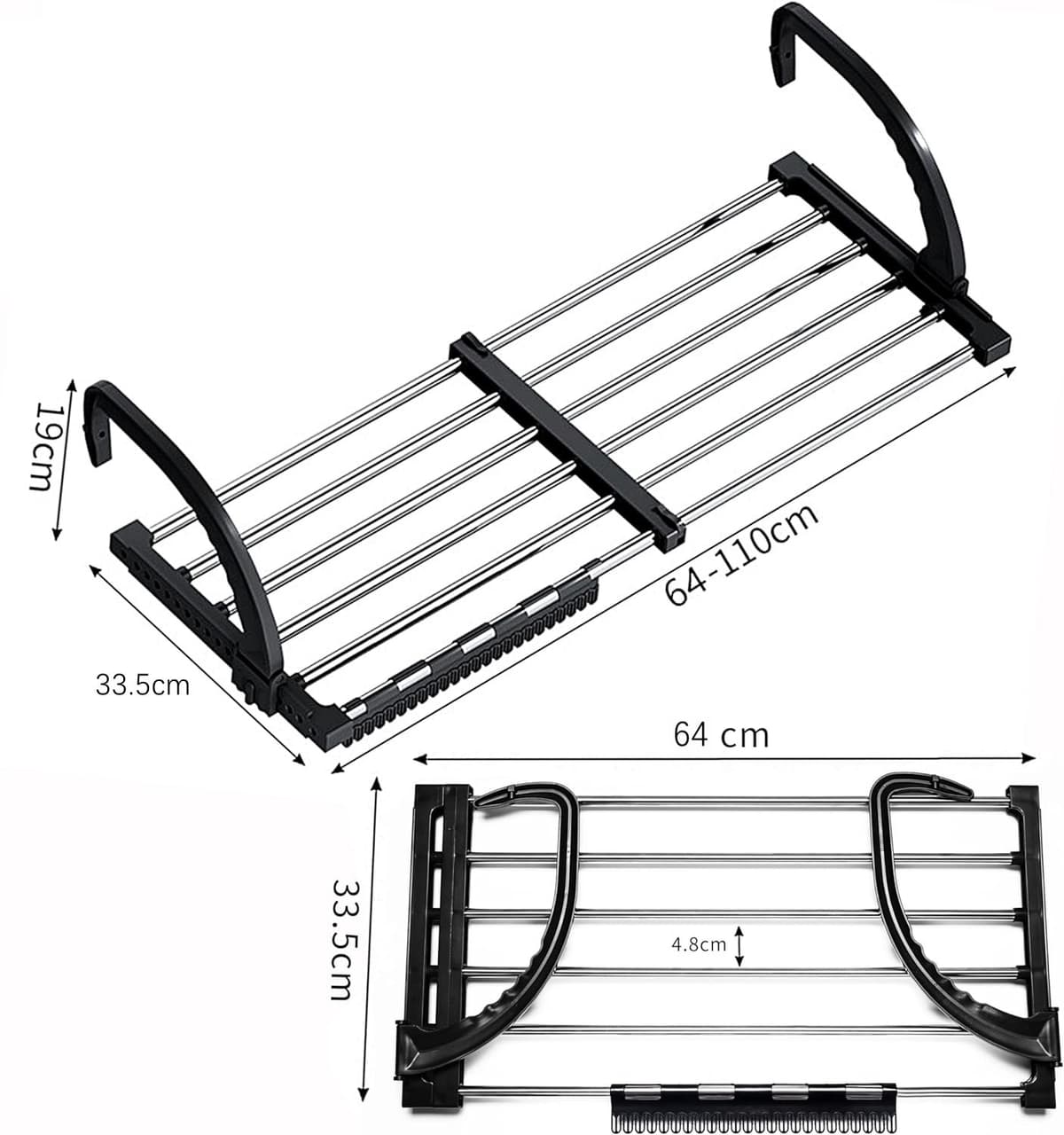 Wasrek Voor Balkon en Balustrade, Aan Het Balkon te Bevestigen Hangend Droogrek, Wandwasrek, Inschuifbaar en Verstelbaar. — afbeelding 1