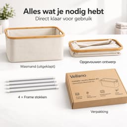 Vellano Opvouwbare Wasmand 45L – Beige – Wasmand met Bamboe Rand – Inklapbare Wasbox met Handgrepen – Heupwasmand – Opbergmand — thumbnail 5