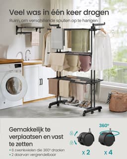 Vurnomi Wasrek - Droogrek inklapbaar - Droogtoren met wieltjes - Kledingrek - Droogtoren - 4 laags - Ruimtebesparend - Zwart — thumbnail 2