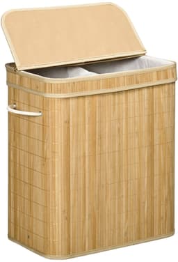 Wasmand 54,2 x 35,2 x 59,5 cm, Naturel, Bamboe, Wasbox, Wasmand met Deksel, Wassorteerder, Opvouwbare Wasmand, 90 Liter Inhoud, Uitneembare Binnenzak, Twee Draaggrepen, Ruimtebesparend Ontwerp, Voor Badkamer, Wasruimte en Slaapkamer — thumbnail 1