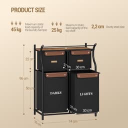 Mura Wasmand - Wasrek - Wassorteerder - Laundry Basket - Wasbox - 4 Vakken Sorteersysteem - Gelabeld - 145L - Zwart / Bruin — thumbnail 2