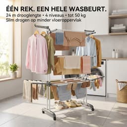 Droogrek Staand - Inklapbaar Wasrek met Wielen - Droogtoren 4 Lagen - 24 Meter Drooglengte - 50 kg Draagvermogen — thumbnail 5