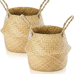 2 stuks zeegras opbergmanden geweven opbergmand met handvat, zeegras plantenpot mand rieten plantenbak opvouwbare speelgoed wasbuik mand, ronde opbergmand voor planken(L 32×28cm) — thumbnail 1
