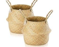 2 stuks zeegras opbergmanden geweven opbergmand met handvat, zeegras plantenpot mand rieten plantenbak opvouwbare speelgoed wasbuik mand, ronde opbergmand voor planken(L 32×28cm)