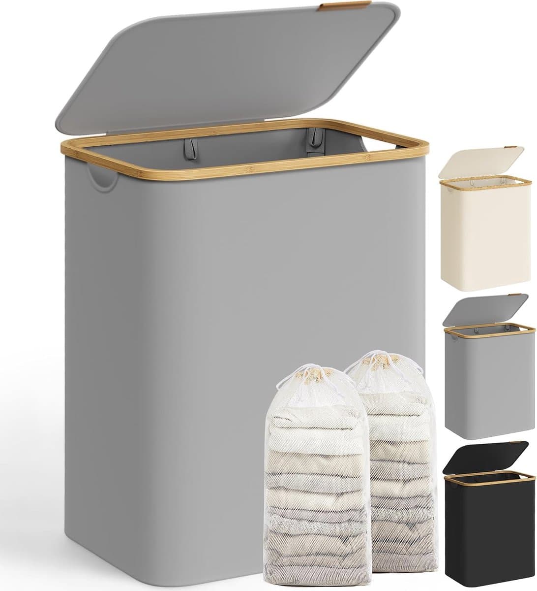 SONGMICS LCB513G01 Wasmand met Deksel, Wasmand met 2 Compartimenten, 130 L, Afneembare Waszak, Oxford Stof, Bamboe Handgrepen, Opvouwbaar, 52 x 38,5 x 70,5 cm, Duif Grijs — afbeelding 1