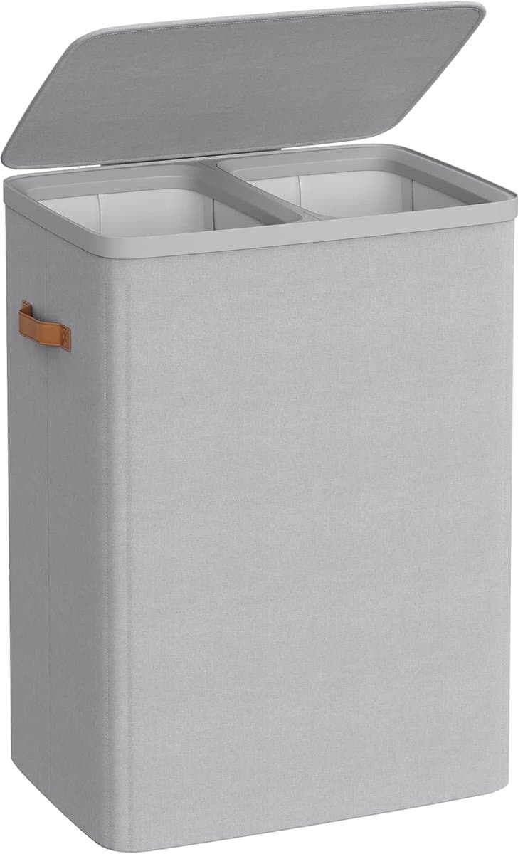 SONGMICS Wasmand, 170 L Vuile wasmand, 2 compartimenten, eenvoudige montage, met deksel en handgrepen, uitneembare binnenzakken, 56 x 40 x 75 cm, duifgrijs LCB813G01 — afbeelding 1