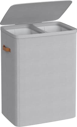 SONGMICS Wasmand, 170 L Vuile wasmand, 2 compartimenten, eenvoudige montage, met deksel en handgrepen, uitneembare binnenzakken, 56 x 40 x 75 cm, duifgrijs LCB813G01 — thumbnail 1