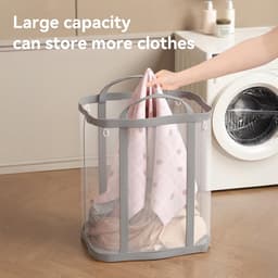 Wasmand - Opvouwbaar - Wasmand van nylon gaas - Met stevig handvat - Grote capaciteit - Kledingopbergdoos - Geschikt voor de wasruimte, badkamer, studentenkamer of op reis - Grijs — thumbnail 3