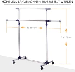 Kledingrek - verstelbaar - Met Rollen + Uittrekbare Stang - Praktisch & Mobiel - RVS - Zilver — thumbnail 3
