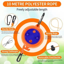 Intrekbare waslijn voor op reis - 2-pack, 10 meter draad, verstelbaar met 10 gespen, 20 wasknijpers - Oranje. — thumbnail 4