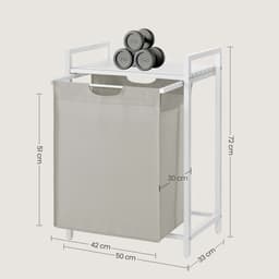 Wasmand, 50 x 33 x 72cm, Wit, vuilewasmand, met opbergrek en uitschuifbare afneembare waszak, stevig en duurzaam metalen frame, grote capaciteit van 65 liter, geschikt voor wasruimte, slaapkamer en badkamer — thumbnail 5