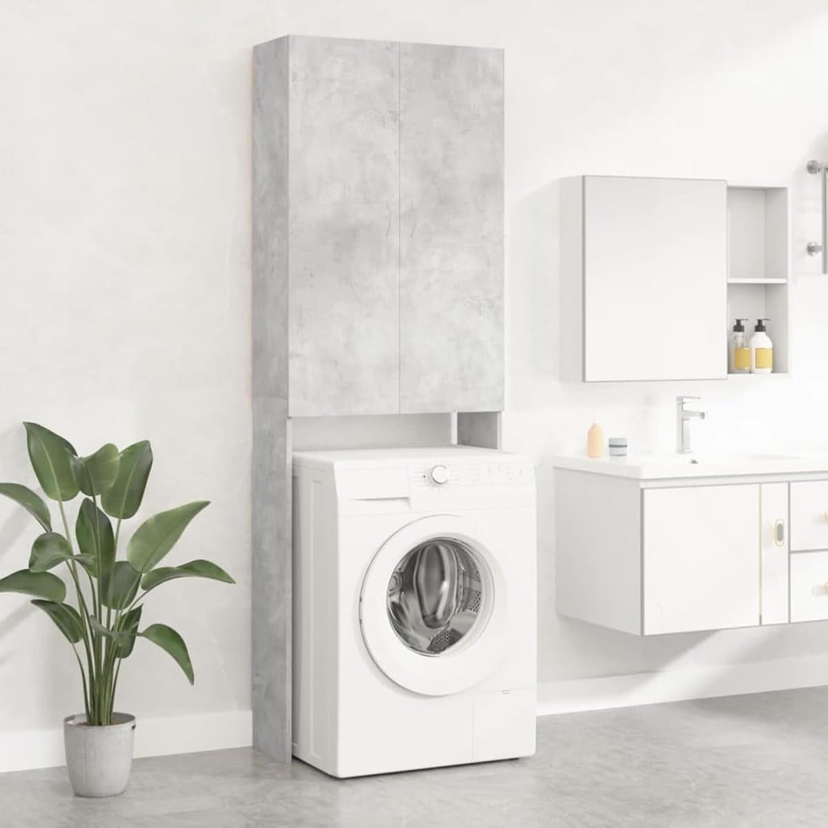 Gecheer Wasmachinekast, 2 deuren en 3 vakken, rek voor wasmachine, ruimtebesparend bovenkast voor wasmachine, wc-rek, betongrijs, 64 x 25,5 x 190 cm — afbeelding 1