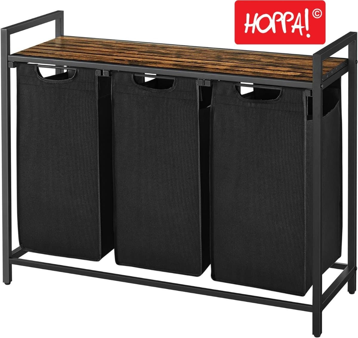 Hoppa! Wasmand - 3 Vakken - Vintage Bruin-Zwart - Inclusief Uitschuifbare Waszakken - 92,5 x 33 x 72 cm (B x D x H) — afbeelding 1
