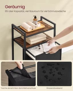 Wasmand 65L met Opbergplanken – Metalen Frame met Houten Blad – Uitneembare Jojo Waszak – Waterafstotend – 50×33×92 cm – Zwart — thumbnail 5