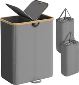 SONGMICS - Wasmand met 2 compartimenten - wasverzamelaar - 150 liter - hoogte 75 cm - wassorteerder met deksel, waszak, uitneembare waszakken - grijs — thumbnail 1