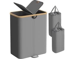 SONGMICS - Wasmand met 2 compartimenten - wasverzamelaar - 150 liter - hoogte 75 cm - wassorteerder met deksel, waszak, uitneembare waszakken - grijs