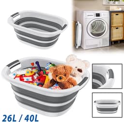 Opvouwbare kunststof wasmand, grijze kunststof opbergbak, wasmand, draagbare wastobbe, witte wasmanden met handgreep voor wasruimte en badkamer - 40L - 60x45x27cm — thumbnail 1