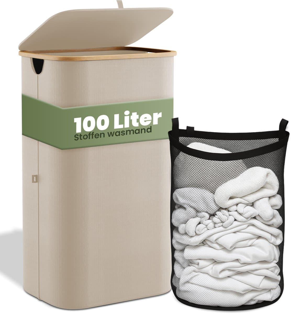 Nince Wasmand - 1 Vak - 100L - Met Deksel - Wassorteerder - Uitneembare Waszakken - Bamboe - Opvouwbaar - Beige — afbeelding 1