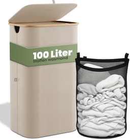 Nince Wasmand - 1 Vak - 100L - Met Deksel - Wassorteerder - Uitneembare Waszakken - Bamboe - Opvouwbaar - Beige — thumbnail 1