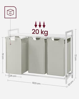VASAGLE - Wasmand - 114 liter - 3 compartimenten - wasmeubel / wasverzamelaar met plank - Oxford-stof - verwijderbaar metalen frame - 3 x 38 L - 92,5 x 33 x 72 cm - wit — thumbnail 2