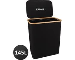 KROMS Wasmand 3 vakken - Zwart - Inclusief NL & ENG Labels - Wassorteerder bamboe - Laundry basket - Wasmand met deksel - 145 L — afbeelding 1