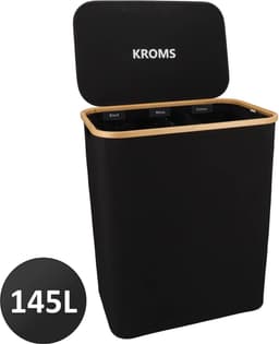 KROMS Wasmand 3 vakken - Zwart - Inclusief NL & ENG Labels - Wassorteerder bamboe - Laundry basket - Wasmand met deksel - 145 L — thumbnail 1