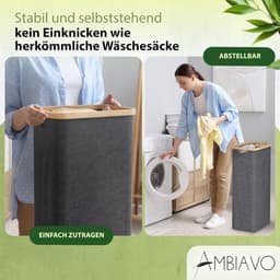 Wasmand met 3 vakken, grijs, ruimtebesparend design en bamboeconstructie — thumbnail 2