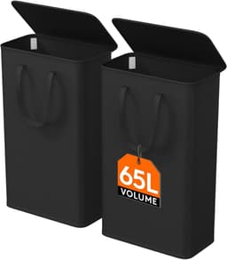 Set van 2 Slanke Wasmanden van 65 Liter – Opvouwbare Smalle Wasmand met Deksel, Verstevigde Bodem en Verlengde Handvatten – Ruimtebesparende Kledingopberger voor Slaapkamer, Badkamer en Wasruimte – Zwart — thumbnail 1