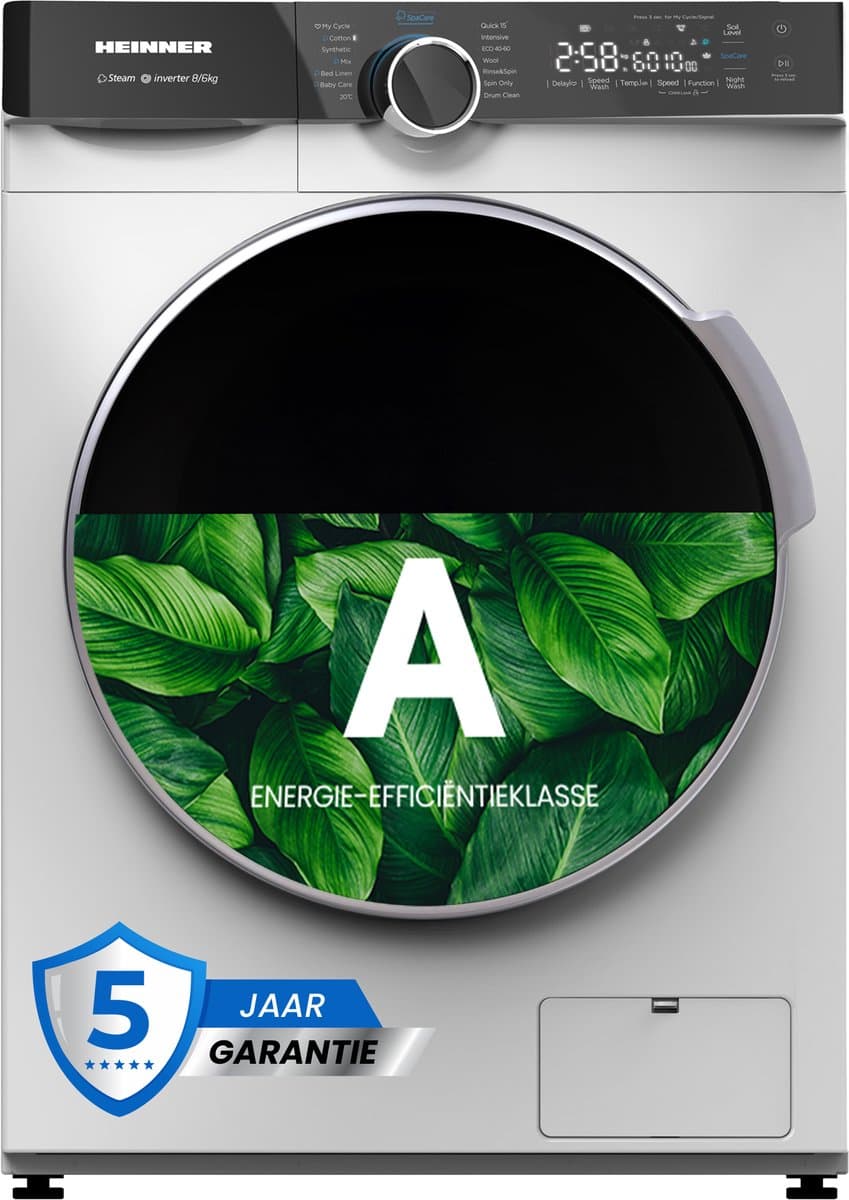 Heinner HWDM-M814IVKA Slanke Was-droogcombinatie - 8 kg Wassen / 6 kg Drogen - 1400 tpm - Stoomfunctie - Energieklasse A/D - Inverter Motor - LED Touch Display - 5 Jaar Garantie - Wit — afbeelding 1