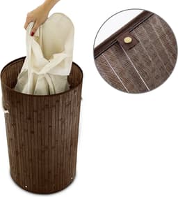 3x wasmand bamboe - wasbox met deksel - 70 liter - rond - 65 x 41 cm - bruin — thumbnail 3