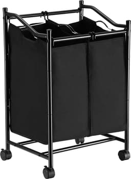 Wasmand met wielen en 2 vakken, wasmand, wasverzamelaar, waswagen met afneembare zakken, totale capaciteit 90 l, zwart, — thumbnail 1
