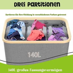 140 liter, vuile wasmand met deksel, houten handgreep, 3 sorteervakken en wasbare opvouwbare waszak voor badkamer, slaapkamer, kinderkamer of woonkamer, grijs — thumbnail 4