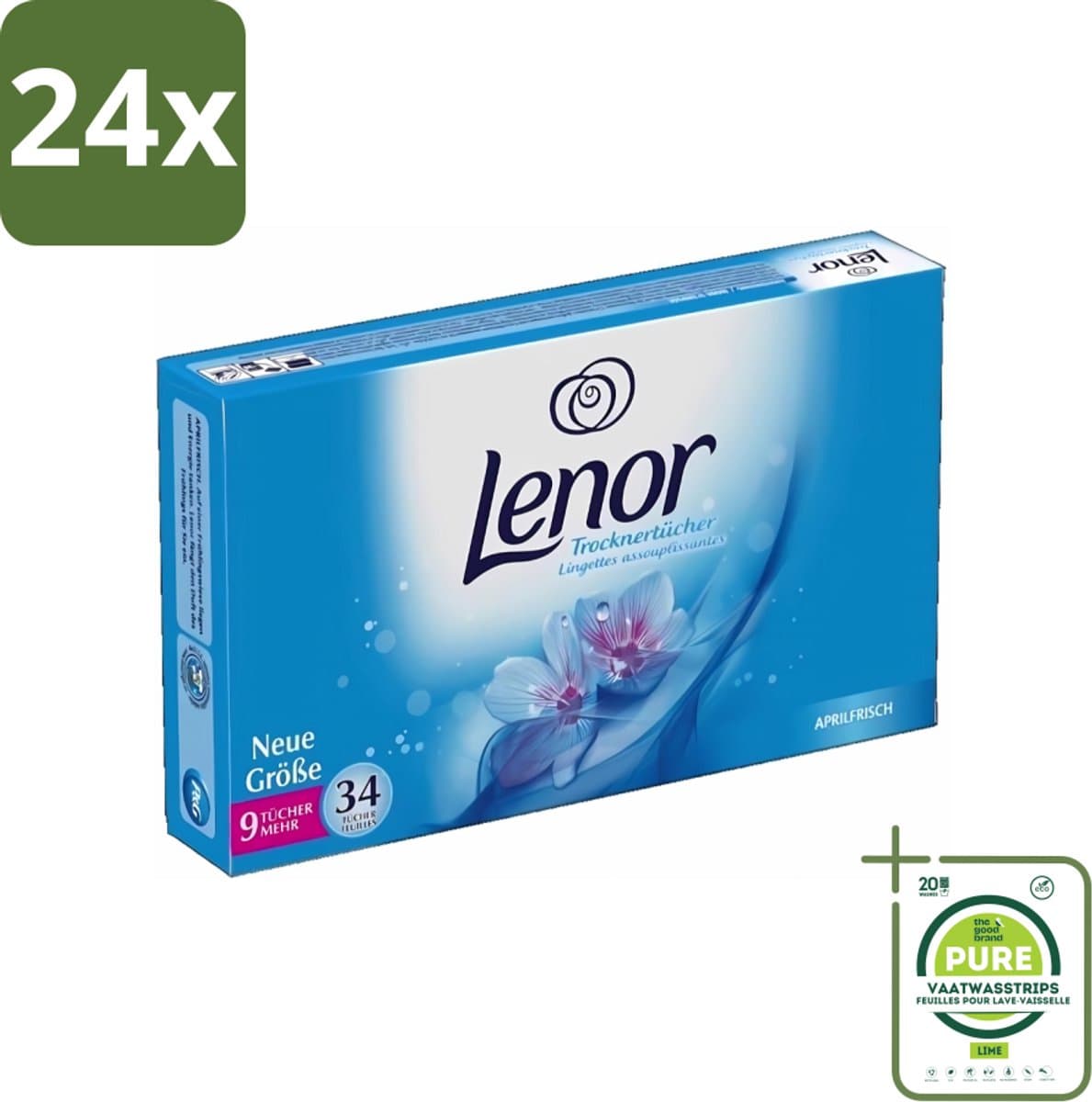 Lenor - Droogtrommeldoekjes - Aprilfris - Textielverfrisser - 34 Doekjes - Voordeelverpakking - 24 stuks - Droogtrommeldoekjes - Frisheid — afbeelding 1