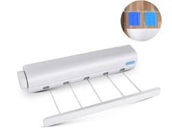 1 stuk - uittrekbare waslijn - elastische drooglijn - ophang‑wasrek - automatisch intrekbare waslijn met veermechanisme - 5 touwen - afmetingen 36,8 x 6,3 x 6 cm - Geschikt om kleding te drogen op het balkon - willekeurig roze of blauw