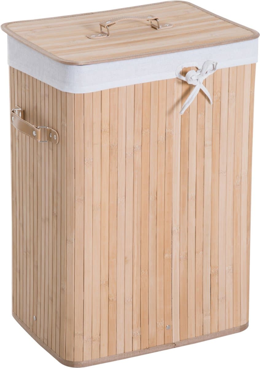 HOMCOM – Wasmand – Bamboe –40x30x60 cm – 70L, opvouwbaar – met deksel – voering — afbeelding 1