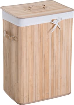 HOMCOM – Wasmand – Bamboe –40x30x60 cm – 70L, opvouwbaar – met deksel – voering — thumbnail 1