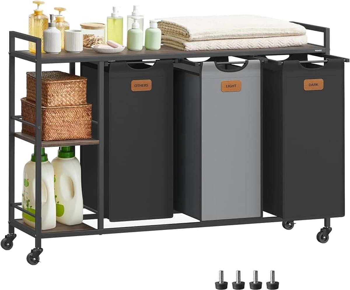 Wasmand met 3 compartimenten, 150 liter wasmand, wassorteerder, wielen, waswagen met planken, waszak met uitneembare zakken, 6 labels, kastanjebruin, inktzwart en duifgrijs BLH312B01 — afbeelding 1
