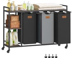 Wasmand met 3 compartimenten, 150 liter wasmand, wassorteerder, wielen, waswagen met planken, waszak met uitneembare zakken, 6 labels, kastanjebruin, inktzwart en duifgrijs BLH312B01