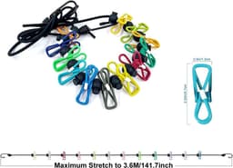 Draagbare waslijn, intrekbare waslijn voor reizen, kledinglijn met 12 kledingclips, voor binnen wasdrooglijn, outdoor camping accessoires (kleurrijk) — thumbnail 5