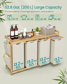 Conway Living® Wasmand 4 vakken – wassorteerder - wasmanden - wasbox - wasmand hout - wasmand - wasmanden bruin - 200 liter - 4 x 50 L - 4 zakken - uitschuifbaar met plank - 125 x 33 x 78 cm — thumbnail 5