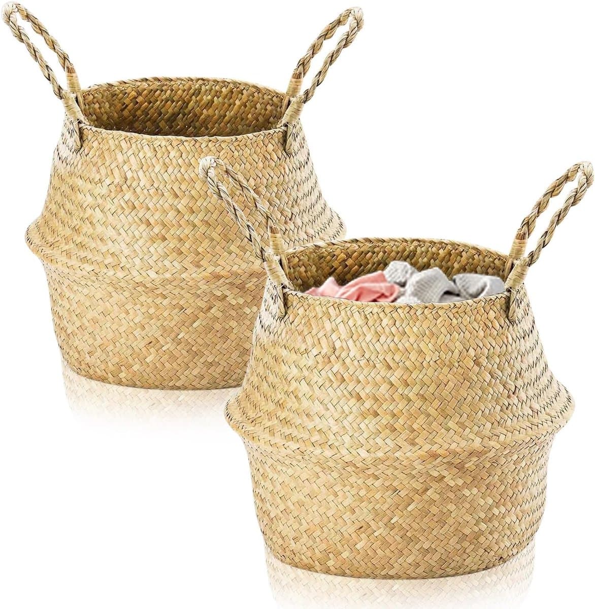 2 stuks zeegras opbergmanden, kleine wasmand, manden voor planken, opvouwbare rotan opbergdoos, rieten mand met handvat, rieten plantenpot voor woonkamer, slaapkamer, badkamer (M, 24 x 26) — afbeelding 1