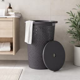 Storage Solutions Wasmand met deksel - donkergrijs - 35 liter - 40 x 52 cm - kunststof - rond - wasbox - mand voor wasgoed — thumbnail 3