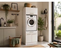 Wasmachine kast met verhoger en bovenkast - Wasmachine kast - Wasmachine ombouw meubel - Wit - Wasmachine ombouw kast - Hoogte 200 cm - Met bovenkast